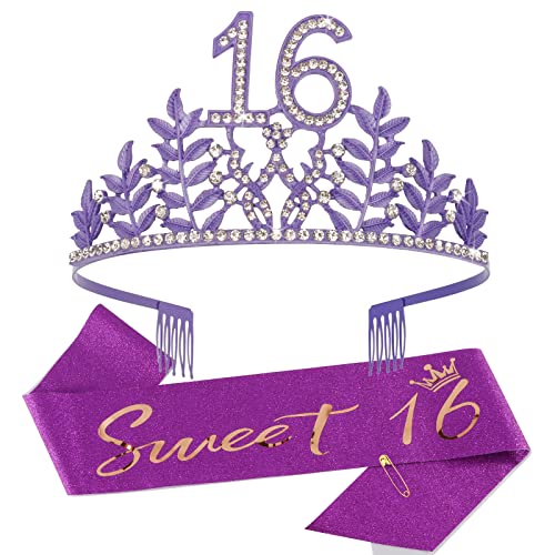 CIEHER Sweet 16 Crown and Sash Set, 16th Birthday Decorations and Party Supplies - Purple Crown, Sash, Cake Topper