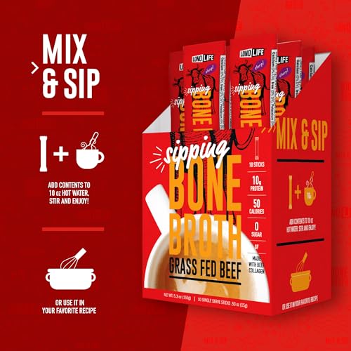 Image of LonoLife Beef Bone Broth Powder Mix | Grass-Fed, 10g Protein | Collagen-Rich, Keto & Paleo Friendly | Natural Ingredients | 10 Portable Stick Pack Servings (Pack of 3)