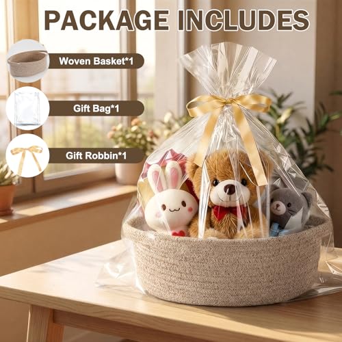 Image of Basket for Gifts Empty, Small Woven Basket with Bags and Ribbons, Baby Toy Small Baskets with Handles, Wicker Storage Bin for Baby Showers or Pet Toy, Light Brown, 1 Pack, (12 inchx 8 inchx 3.74 inch)