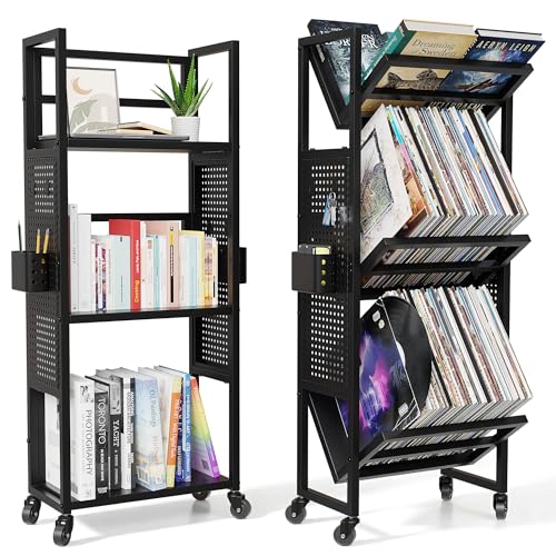 Rolling Book Cart with Wheels 3-Tier Portable Bookshelf 9.5 D x 17.9 W x 43 H Vinyl Record Storage Cart for Albums & Record Player Stand Storage Organizer with Side Hooks & Bins
