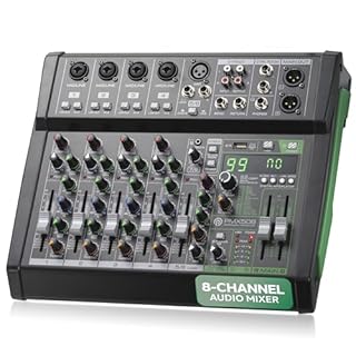 Pyle 8 Channel Audio Mixer - 4 XLR Combo Mic Inputs, Bluetooth Studio Mixer/DJ Controller with DSP Digital Effects, USB-A In with MP3 Player, PC Recording, LED Level Meter, Smooth Dials and Faders