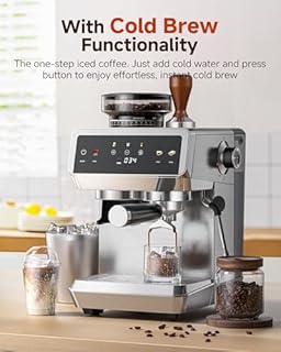 AMZCHEF Machine à expresso semi-automatique de 20 bars avec moulin à café intégré | 44 réglages de mouture et 4 températures pour infusion chaude et froide | Mousseur à lait de 8 mm pour latte