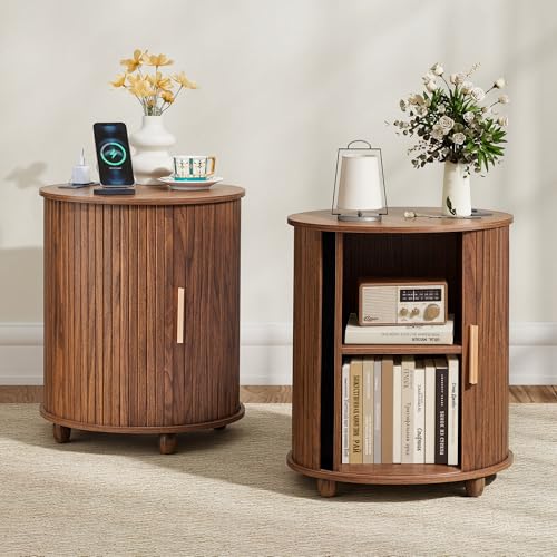 Image of 18 Inch Nightstands Set of 2, Fluted Round Wood Nightstand with Charging Station, Small End Table for Living Room, Sliding Door Round Side Table with Storage for Bedrrom (18 inch, Walnut)