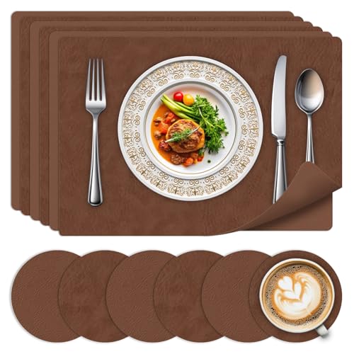 Tischsets 6er Set und Untersetzern–Hitzebeständige Platzsets Abwaschbar, beidseitiges Leder Design rutschfest Platzdeckchen für Küche, Haus, Restaurant,Brown