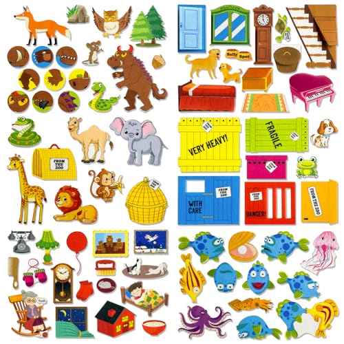 PENGFULL 5 Sets (75P) Felt Board Stories Pieces,Tell Five Picture Books Stories(Goodnight Moon,Dear Zoo), for Felt Fannel Board,for Preschool, Kindergarten,Family Time