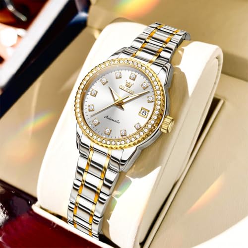 Image of OLEVS Women's Automatic Watch Luxury Mechanical Stainless Steel Two Tone Waterproof Self Winding Dress Small Ladies with Date Diamond Elegant Casual Business Wristwatch Gold /Blue /Black /White
