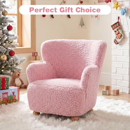 Image of KOTEK Comfy Toddler Chair, Sherpa Kids Armchair with Rubber Wood Legs, Children Reading Chair for Boys & Girls, Upholstered Kids Sofa for Playroom Bedroom Nursery (Light Pink)