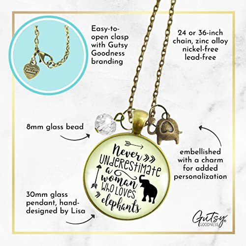 Elephant Necklace Never Underestimate Woman Who Loves, Bronze Bohemian Jewelry Animal Lover Charm For Women 24" Chain - Handmade Glass Mantra Pendant, Gift Packaged Safari Theme Message Card & Box #TOP4