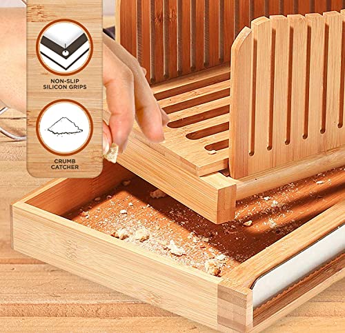 Luxury Bamboo Bread Slicer With Knife - 3 Slice Thickness, Foldable Compact Cutting Guide With Crumb Tray, Stainless Steel Bread Knife For Homemade Bread, Cake, Bagels 5.5” Wide X 5” Tall #TOP4