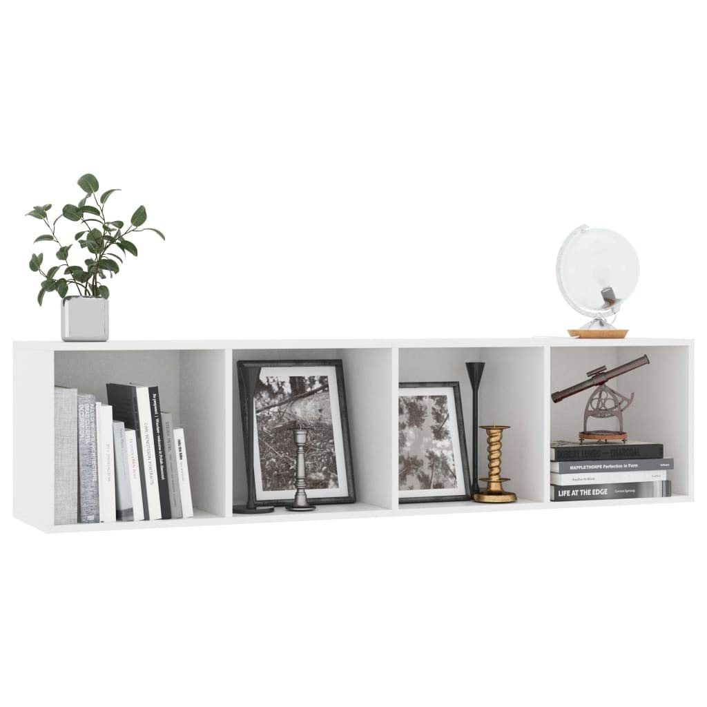 Fengshui Regał na książki, szafka pod telewizor, biały, 143 x 30 x 36 cm, 4-komorowy regał z materiału drewnopochodnego, do powieszenia lub stojącej, wszechstronne miejsce do przechowywania książek