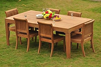 TeakStation 6 Seater 7 Pc Grade-A Teak Wood Dining Set: Large Caranasas 122" Dining Rectangle Table Table, 2 Arm and 4 Giva Armless Chairs #TSDSGV62