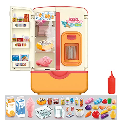 Juguetes de cocina, frigorífico con dispensador de hielo, juego de cocina con accesorios de cocina para niños y niñas, música y luz (refrigerador de spray rojo)