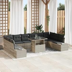 Sitzgruppe Polyrattan hellgrau 11 tlg. mit verstellbarem Tisch, Gartensofas modular 344x209x85 cm, Gartenmöbel aus Polyrattan Kissen.