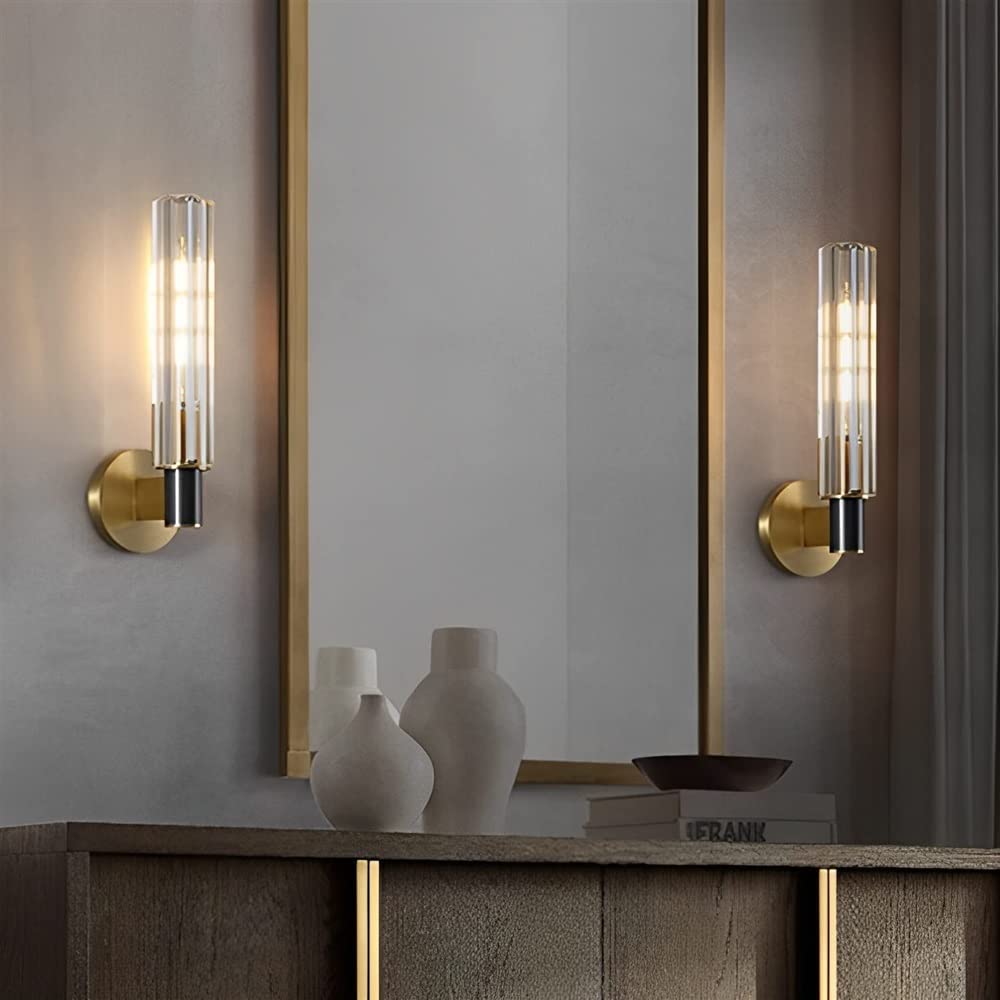 Lampada da parete moderna in ottone, paralume in vetro trasparente, applique da interni per bagno, soggiorno, camera da letto, corridoio, elegante illuminazione