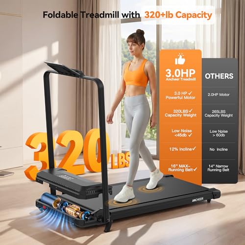 Image of ANCHEER Walking Pad Treadmill with 12% Incline, 3.0HP Foldable Treadmill with Handle Bar, 16 inch Wide Belt, 320 LBS Capacity, Portable Quiet Compact Treadmills for Home /Office