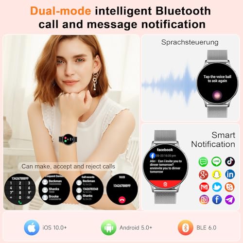 Image of Jugeman Smart Watch for Women, Womens Watch with 24 /7 Health Tracking, Bluetooth Calls, Step Heart Rate Sleep Monitor, IP68 Waterproof Wrist Smartwatch for Work Sports, Gift for Women (Silver)