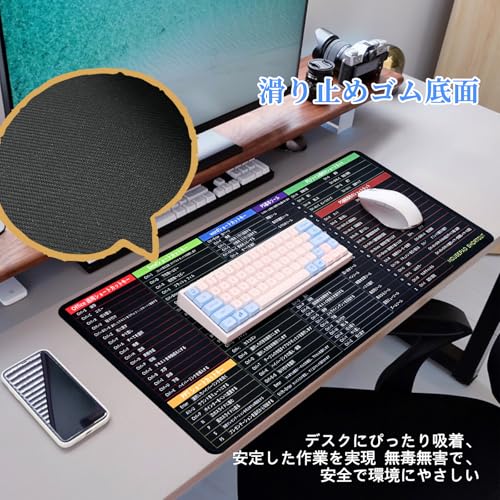 Newseego ショートカットキー マウスパッド 日本語 ゲーミングマウスパッド キーボードパッド 超大型 薄型 滑り止め 水洗い ズレない 耐久性良い Excelオフィス ゲーム 仕事用 ブラック 800*400mm