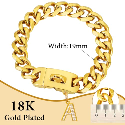 Goldenes Hundehalsband mit Anhänger,Edelstahl-Walking-Metallhalsband,19mm breit, schweres kubanisches Glied,Starke,kausichere Halsbänder für mittelgroße und große Hunde(35cm)
