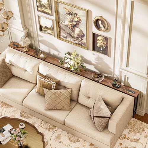 Image of Huuger 110 Inch Sofa Table with Power Outlets, Skinny Behind Couch Table | 5.9 Inch Narrow Entryway Table, Extra-Long Console Table, Behind the Couch Table with Outlet for Living Room, Rustic Brown