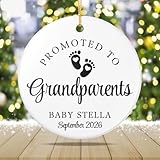 Personalized Promoted to Grandparents Christmas Ornament, White Round Baby Announcement with Baby Footprints, Custom Name and Date