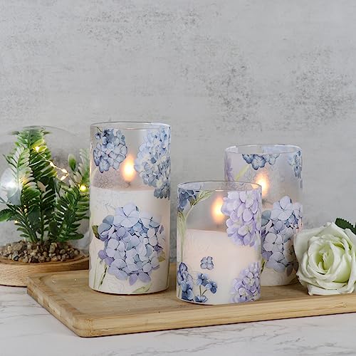 Image of Hydrangea Glass Flameless Candles with Remote Timer Battery Operated LED Flickering Pillar Candles Real Wax Spring Dinner Wedding Holiday Decor D3 x H4, 5 inch, 6 inch