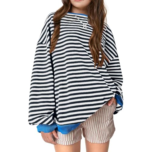 Girls Oversized Striped Sweatshirt Crewneck Long Sleeve Shirt Casual Loose Cute Tops Fall Fashion Preppy Clothes 3-14 Years
