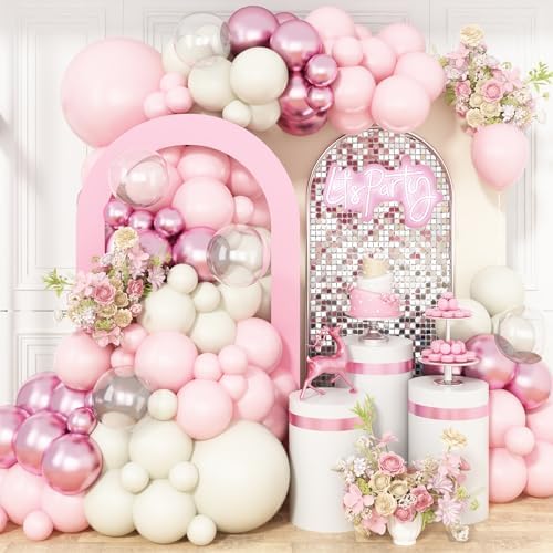 Pink and White Balloon Arch Kit,Boho Balloon Garland with Pink White Metallic Pink Clear Balloons for Wedding Birthday Baby Shower Bachelorette Girls Birthday Party Decorations