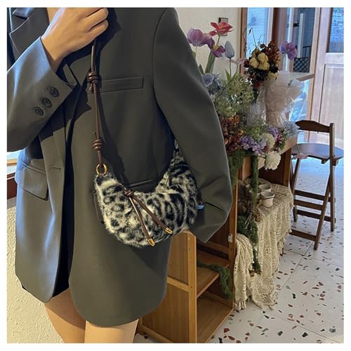 Image of Leopard Fluffy Sling Dumpling Bag Cheetah Print Fuzzy Furry Shoulder Crossbody Crescent Bag Leopard Plush Horn Bag