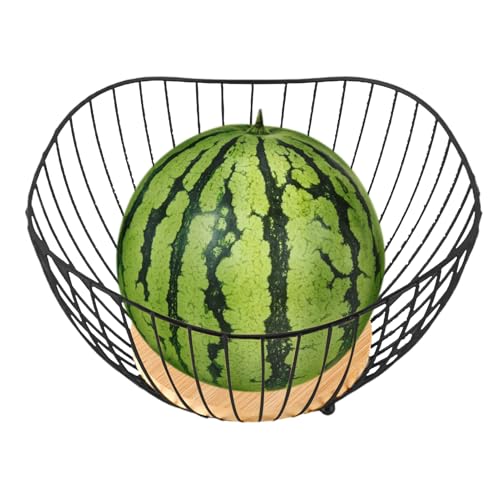 Bowl de fruta - Cesta de exhibición Bowl Fruit | Alambre de metal geométrico Base de madera Almacenamiento decorativo | Cesta de frutas | Cestas de frutas de alambre | Almacenamiento y o
