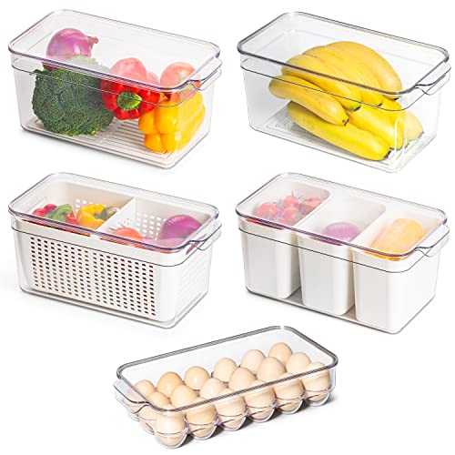 Emiral Kit Organisateur Frigo, Lot de 5 Bac Rangement Frigo avec 10 Accessoires - 4 Rangement frigo et 1 Rangement Oeuf frigo, Rangement frigo Transparent