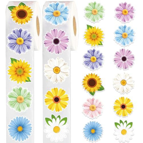 1200 PCS Flower Sticker Roll Spring Daisy Sunflower Sticker Decals Colorful Watercolor Flower Label Stickers for Scrapbooks Water Bottle Cards Envelopes and Spring Party Supply Decoration, 2 Rolls