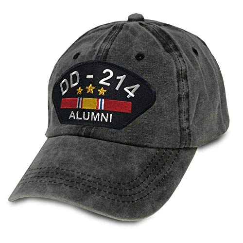 VetFriends.comUS Veteran Hat with DD-214 Alumni Text and National Service Ribbon Graphic - Embroidered Adjustable Vintage Washed Gray