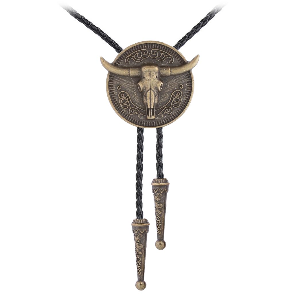 GelConnie Longhorn Bull Bolo Tie for Men Native American Western Cowboy Leather Necktie Bolo Necklace for Women Gold Texas