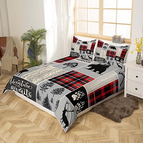 Buffalo Plaid Duvet Cover, Woodland Bear Moose Comforter Cover In Red, Black, Grey Hunting Animal Elk Bedding Set Queen For Boys Girls Adult Men Bedroom,Vintage Deer Cabin Bed Cover With Zipper #TOP2