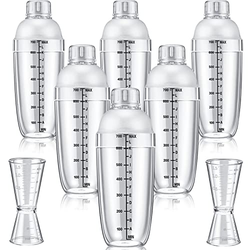 Suclain KO-SUCLAIN-389 8 Pcs Plastic Cocktail Shaker Set 6 Pcs 24 Oz Drink Shaker 2 Pcs Double Measuring Jigger Clear Plastic Bottle Tea Drink Mixer Cocktail Measuring Cup cover