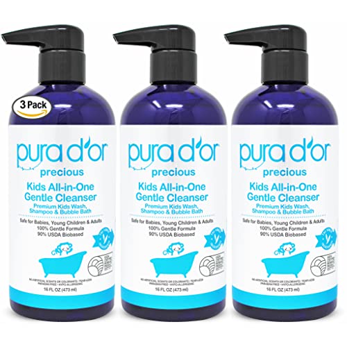 PURA D'OR Kids Wash (16oz x 3 = 48oz) All-in-One Gentle Cleanser - USDA Biobased, Sulfate-Free, Tear-Less, Hypoallergenic, Premium, Shampoo & Bubble Bath