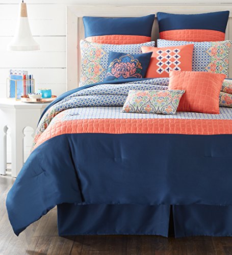 Nanshing DASCHA10-Q Dascha 10 Piece Queen Comforter Set, Navy/Coral/Multicolor