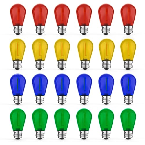 GvvooHome 24 Pack LED S14 Colored Light Bulbs for Outdoor String Lights Shatterproof 1W Replacement Bulbs for Patio Lights Dimmable 2200K Warm White E26 Base Multi-Color: Red/Blue/Yellow/Green