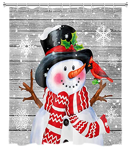 Lb Christmas Snowman Shower Curtain, Winter Holiday White Snowflakes On Rustic Vintage Grey Wood Boards Shower Curtains, Funny Snowman With Red Scarf Bathroom Curtains Set With Hooks, 60X72 Inches #TOP2