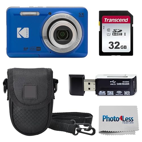KODAK PIXPRO FZ55 16MP Digital Point & Shoot Camera, 5X Optical Zoom, 28mm Wide Angle, 1080P Full HD Video, Bundle with 32GB SD Card, Protective Case, and Hi-Speed Card Reader (Blue)