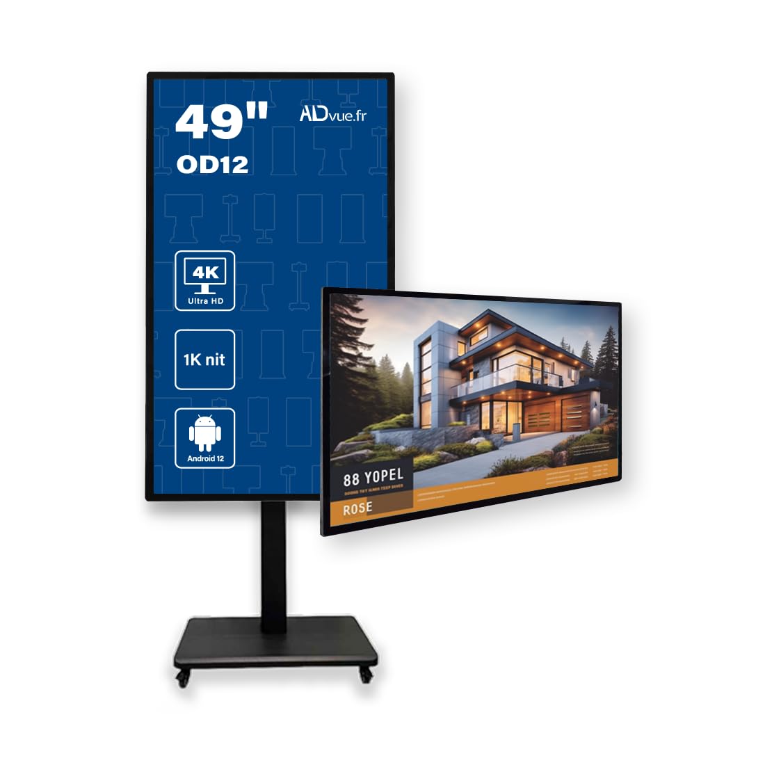 ADVUE Écran d'Affichage Dynamique 4K UHD - Moniteur Professionnel Vitrine Haute Luminosité 1000 Nits - Android 12, Usage 24/7, Wi-FI USB - Panneau Digital Publicitaire (49"(124cm))