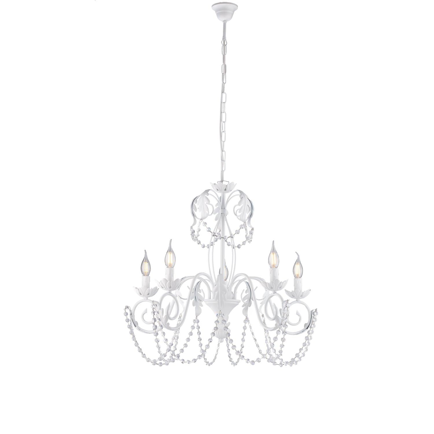Lampadario Shabby 5 Luci Ferro Battuto Bianco E Cristalli
