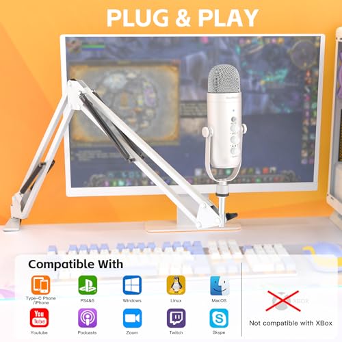 Image of zealsound Gaming Condenser Microphone, Podcast Mic with Boom Arm for Phone /PC /PS4 /PS5, USB Microphone for Recording /YouTube /Streaming, Headphone Output, Mute Button, Echo Volume Gain Control (White)