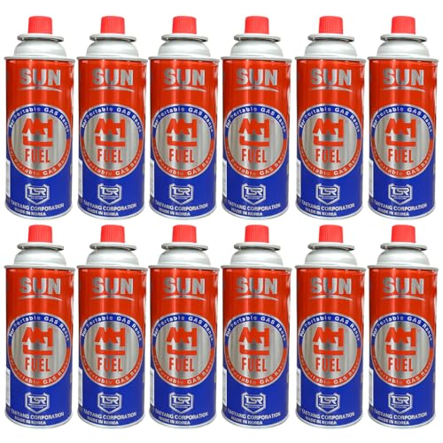 Image of Sun Butane Gas Canister 227 GMS Pack of 12, Portable Fuel Canister for Camping Stove, Butane Torch, Chafing Dish, Fogging Machine & Outdoor Cooking - High Safety TSR Valve
