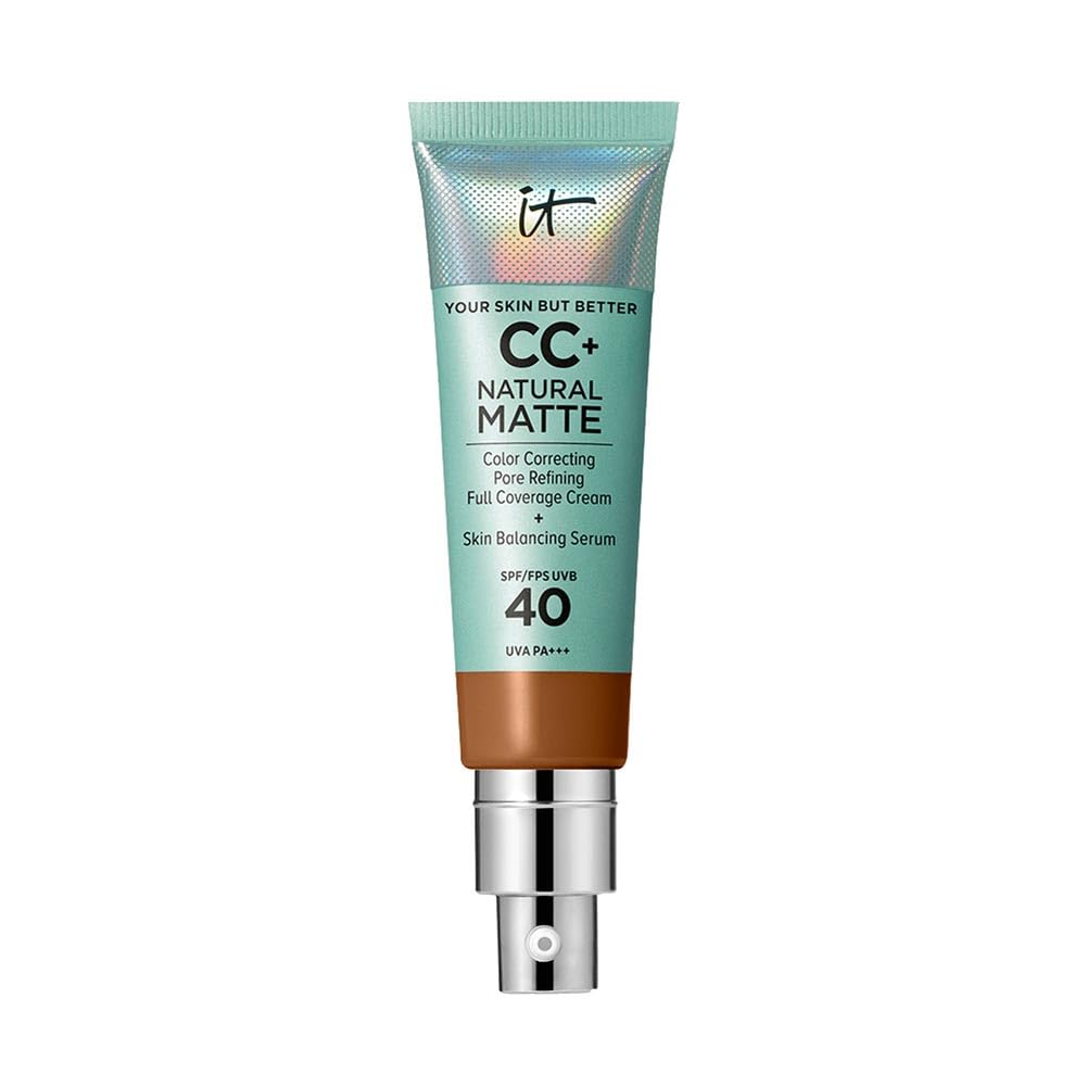 IT Cosmetics Full Coverage Foundation, Natural Matte, Made with Hyaluronic Acid, SPF 40 Protection, Your Skin But Better CC+