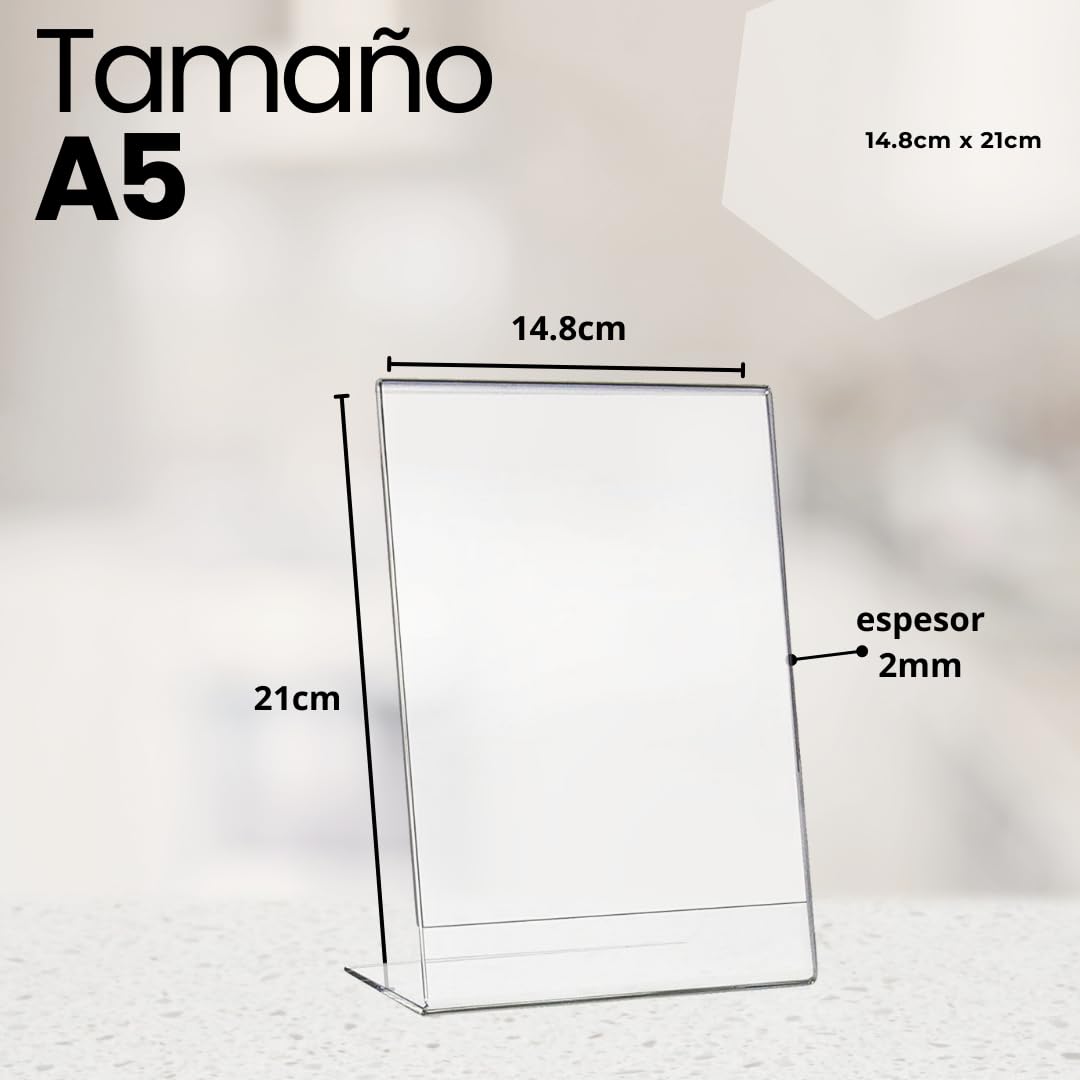 Expositor metacrilato transparente a5, pack 3 unidades, soporte sobremesa para carteles A5, porta menú, porta precios, porta fotos, porta anuncios, display acrílico, expositor vertical A5