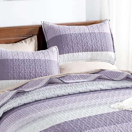 Image of Andency King Size Quilt Set Grayish Purple, 3 Pieces Summer Ultra Soft Lightweight Bedspreads & Coverlets Set, Patchwork Striped Quilted Bedding Sets for All Seasons (1 Quilt, 2 Pillow Shams)