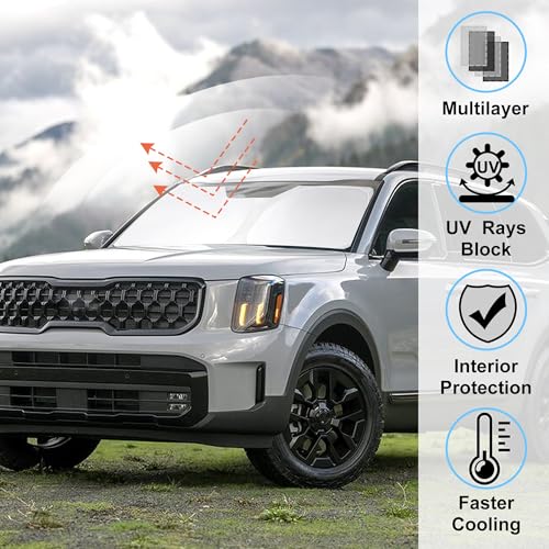 Image of Windshield Sun Shade Fit for 2020 2021 2022 2023 2024 2025 Kia Telluride Accessories Sunshade Shield Blocker Fodable Sun Visor Protector