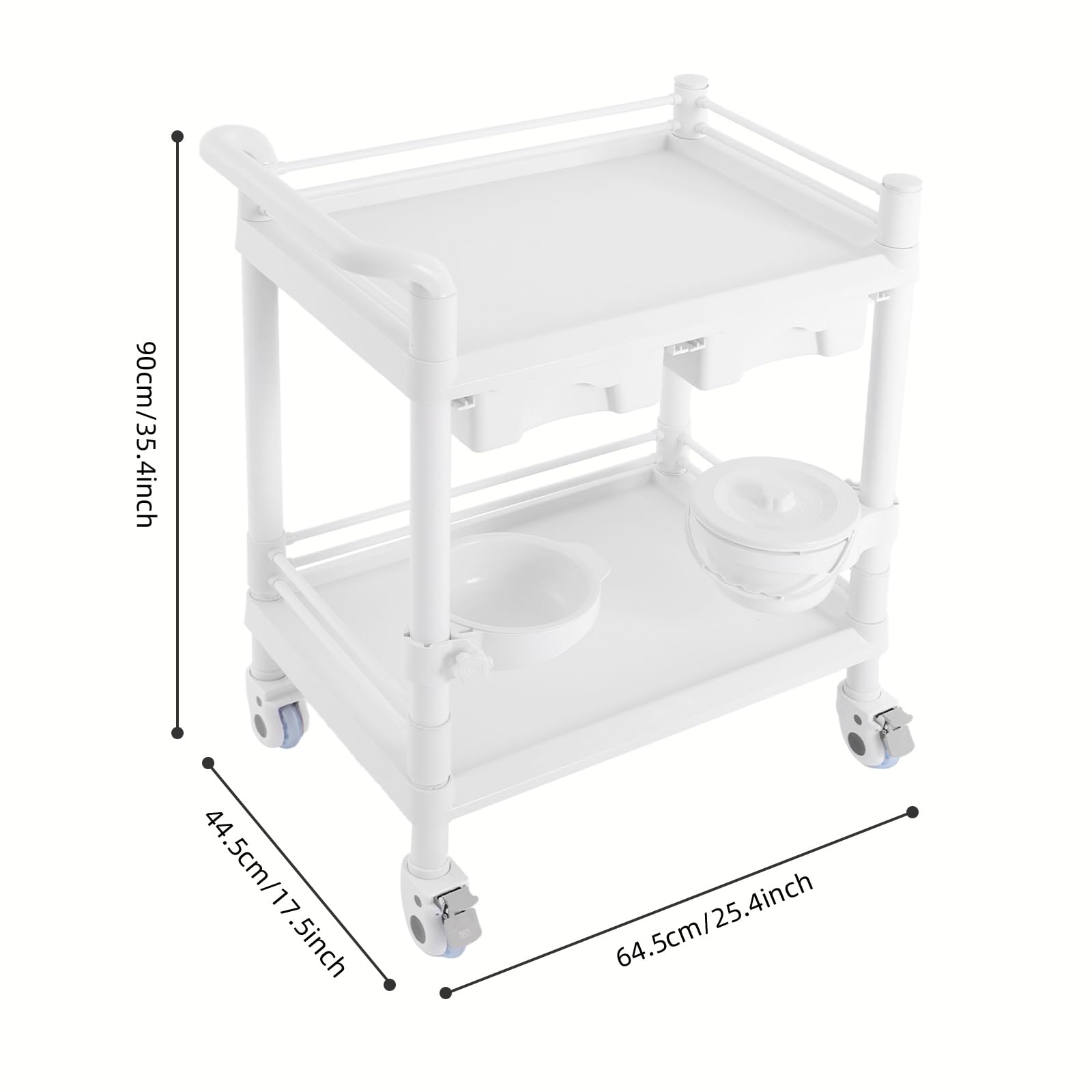 OUKANING Carrello medico con 2 cassetti e ruote dei freni, carrello da laboratorio arrotolabile in ABS, portata 90 kg, 64,5 x 44,5 x 90 cm, bianco multifunzionale per ospedale, studio cosmetico e