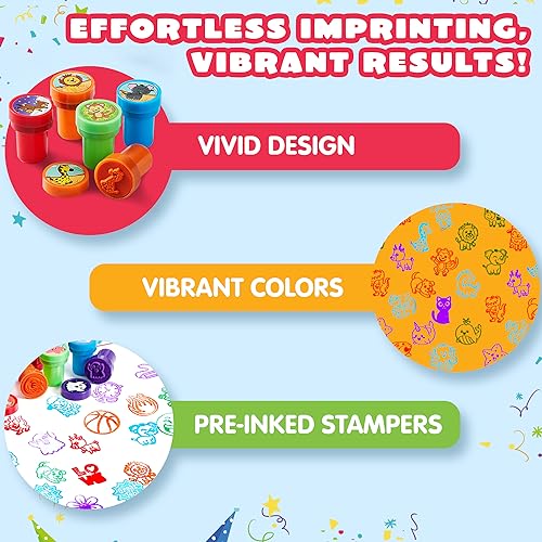 Image of JOYIN 50 Pcs Assorted Stamps for Kids - Self-Ink Stamps with 50 Designs for Birthday Party Favor, Carnival Prizes, School Stampers, Goodie Bag, Classroom Treasure Box Toys (Zoo, Holiday Stampers)